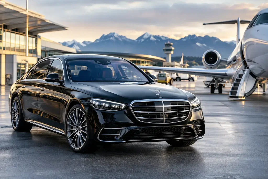 Luxury chauffeur sedan parked at Vancouver International Airport terminal for YVR car service pickups.